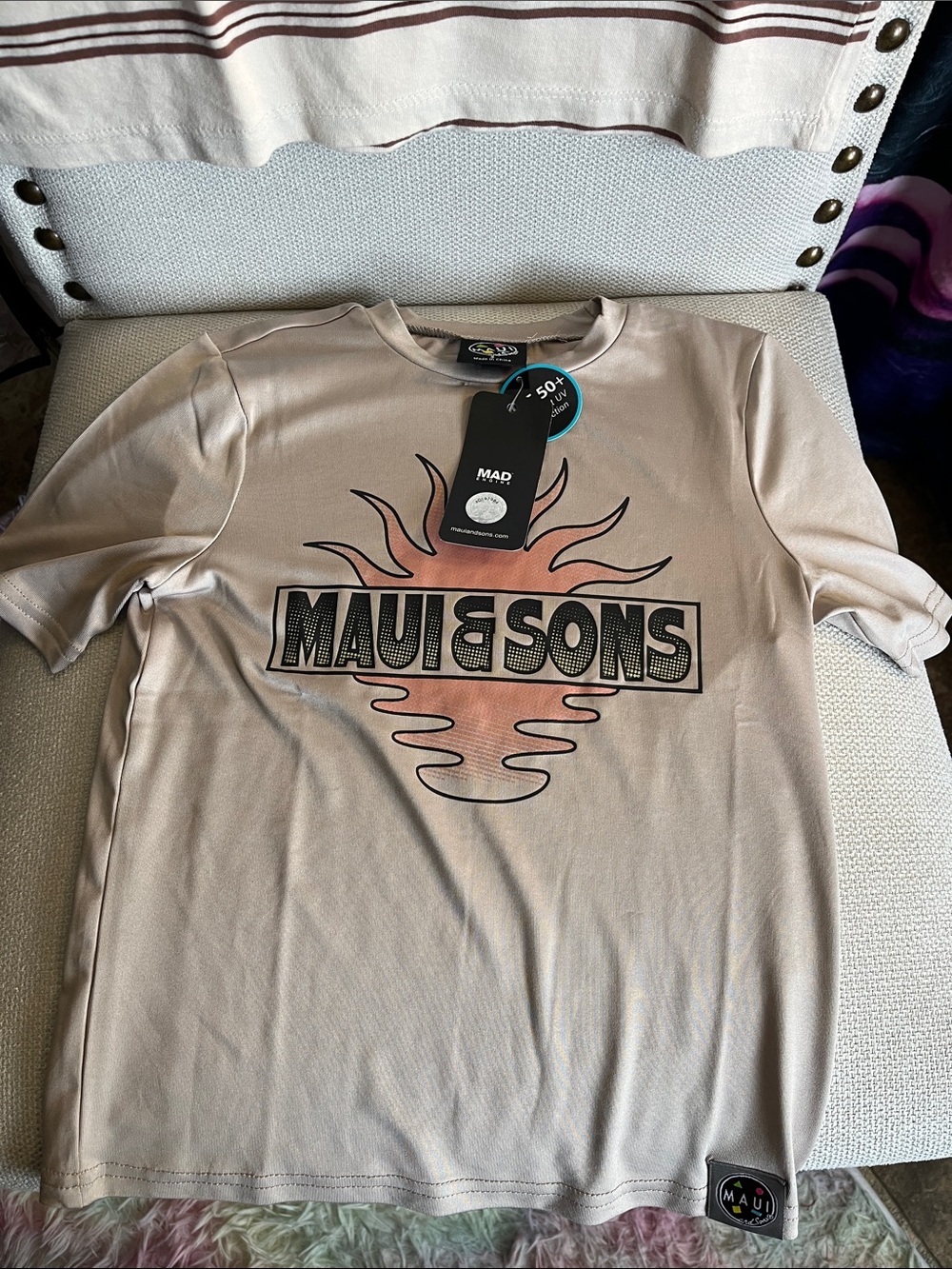 Maui and Sons Tan Graphic Tee with Sun Logo